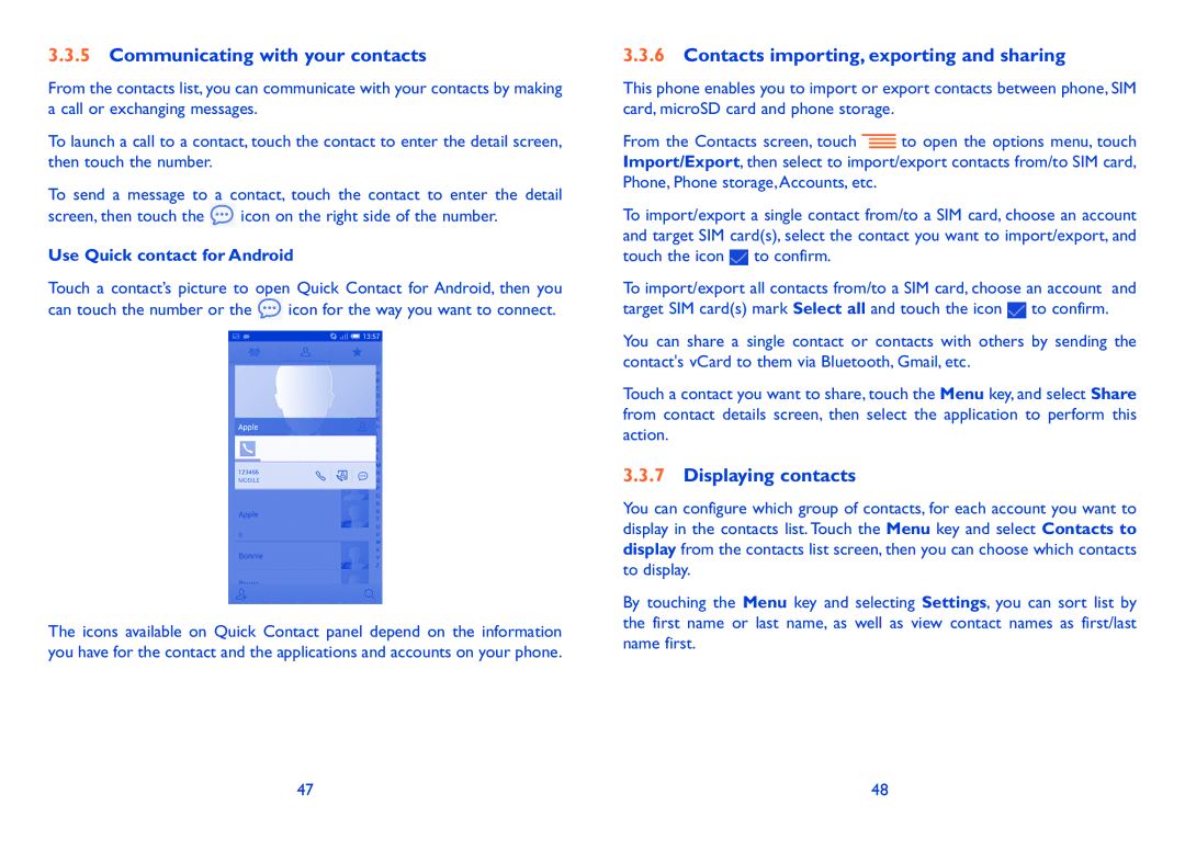 Alcatel 7041D manual Communicating with your contacts, Contacts importing, exporting and sharing, Displaying contacts 