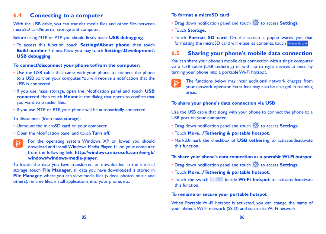 Alcatel Pop C7 (7040D), 7041D manual Connecting to a computer, Sharing your phones mobile data connection 