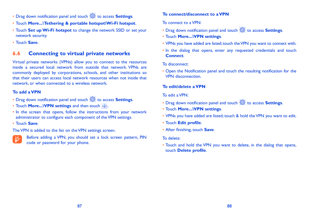 Alcatel 7041D, Pop C7 (7040D) manual Connecting to virtual private networks 