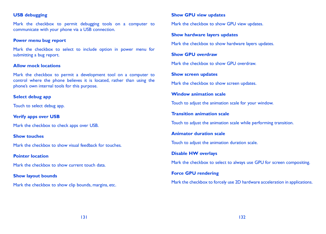 Alcatel 7041D manual USB debugging, Power menu bug report, Allow mock locations, Select debug app, Verify apps over USB 