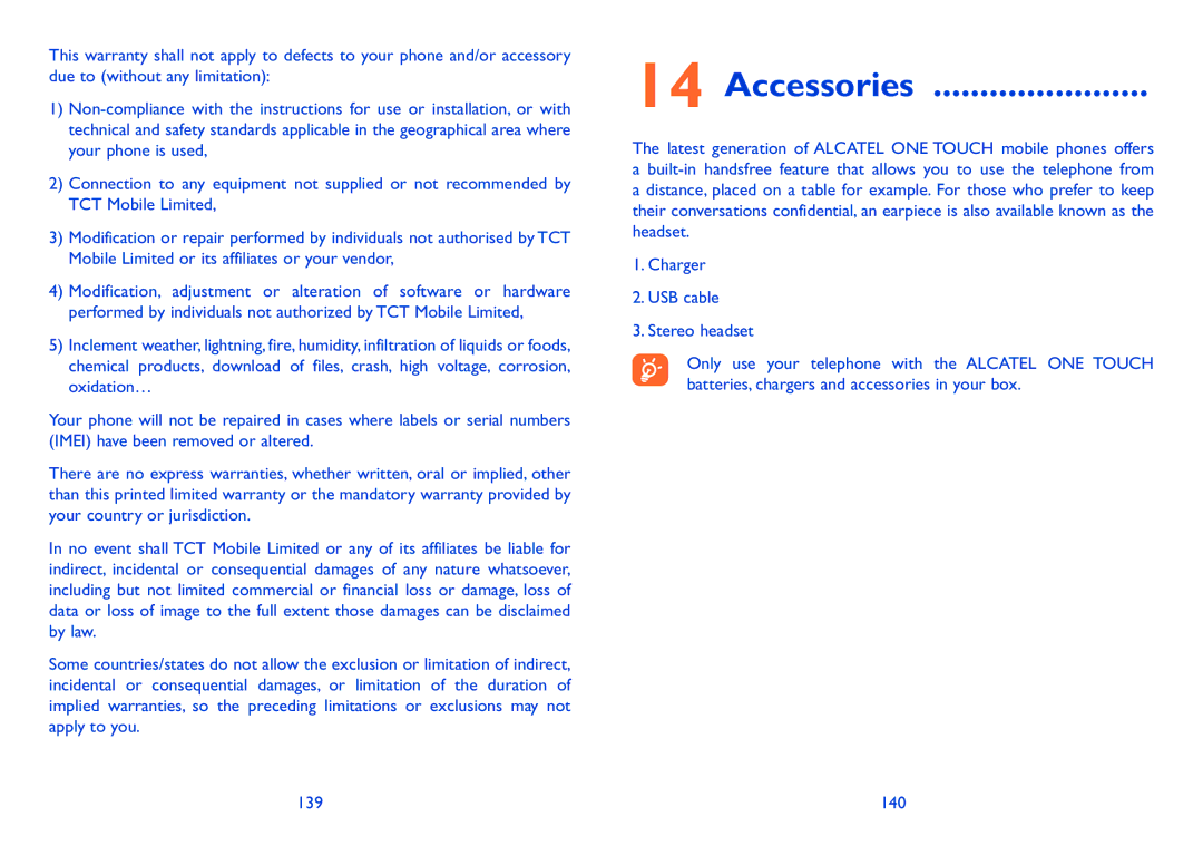 Alcatel 7041D, Pop C7 (7040D) manual Accessories, 140 