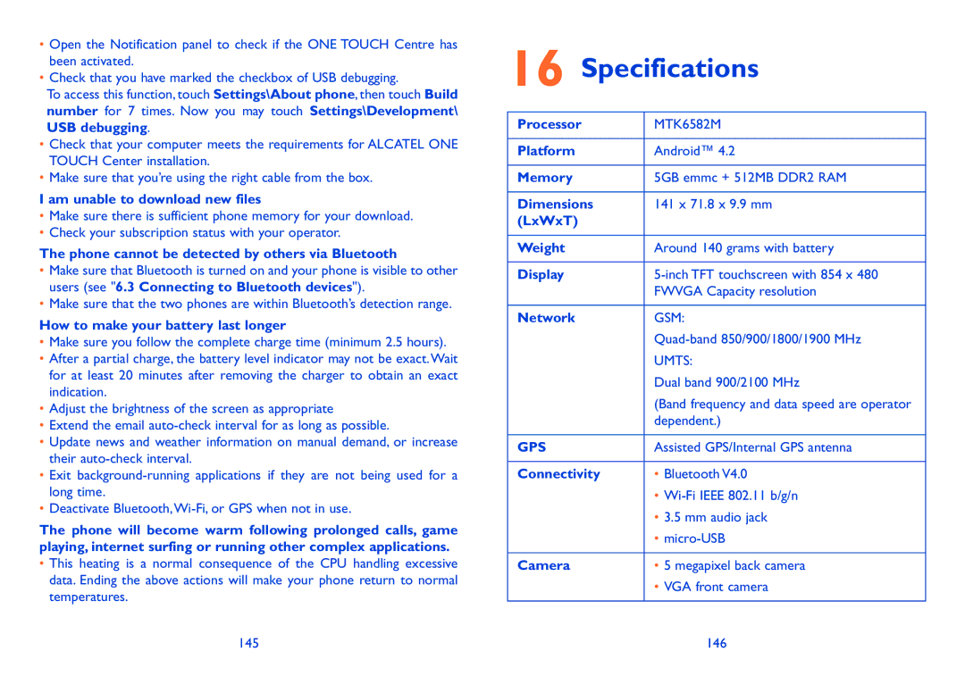 Alcatel Pop C7 (7040D), 7041D manual Specifications 