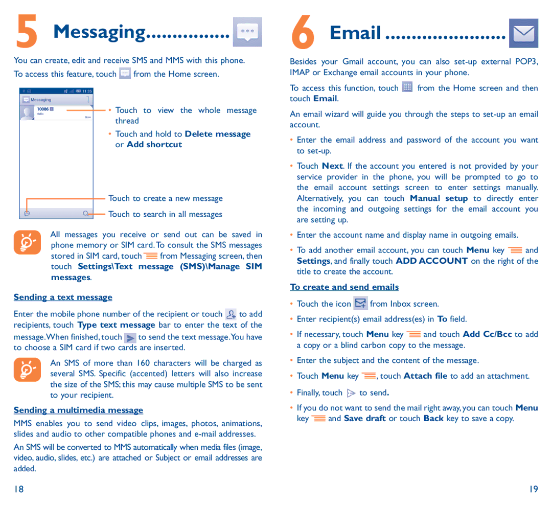 Alcatel Pop C9 manual Messaging, Sending a text message, Enter the mobile phone number of the recipient or touch 