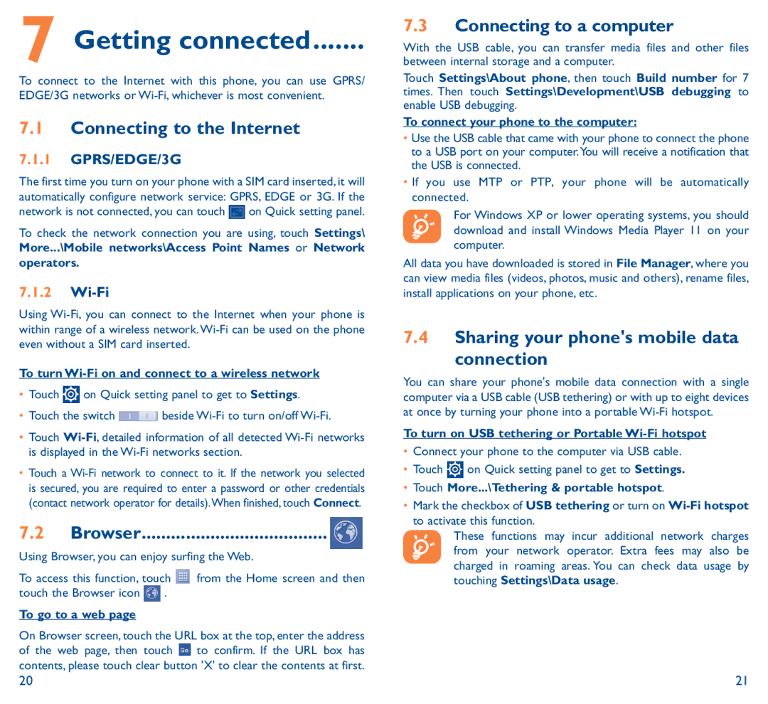 Alcatel Pop C9 Connecting to the Internet, Browser, Connecting to a computer, Sharing your phones mobile data Connection 