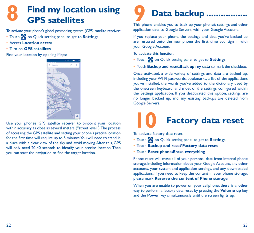 Alcatel Pop C9 manual Data backup, Factory data reset, Access Location access Turn on GPS satellites 