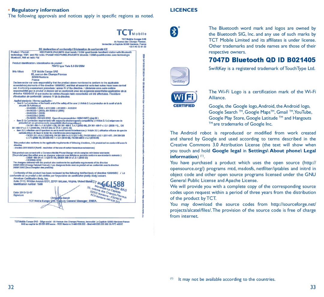 Alcatel Pop C9 manual Regulatory information, Licences 