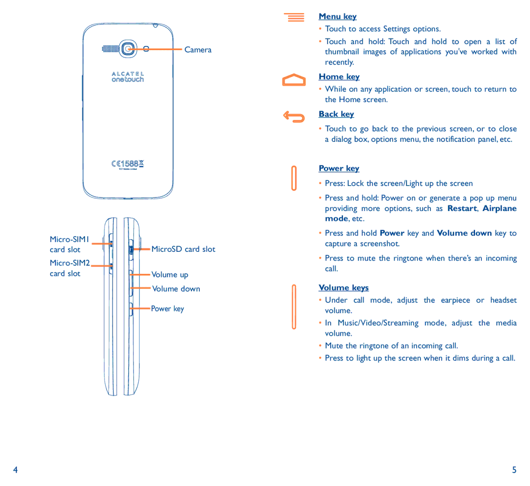 Alcatel Pop C9 manual Menu key, Home key, Back key, Power key, Volume keys 