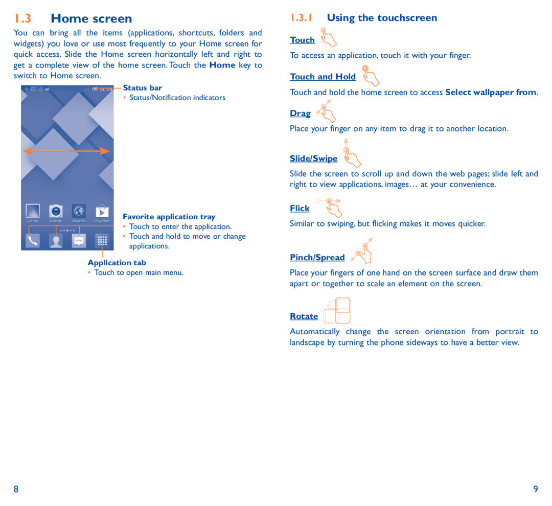 Alcatel Pop C9 manual Home screen, Using the touchscreen 