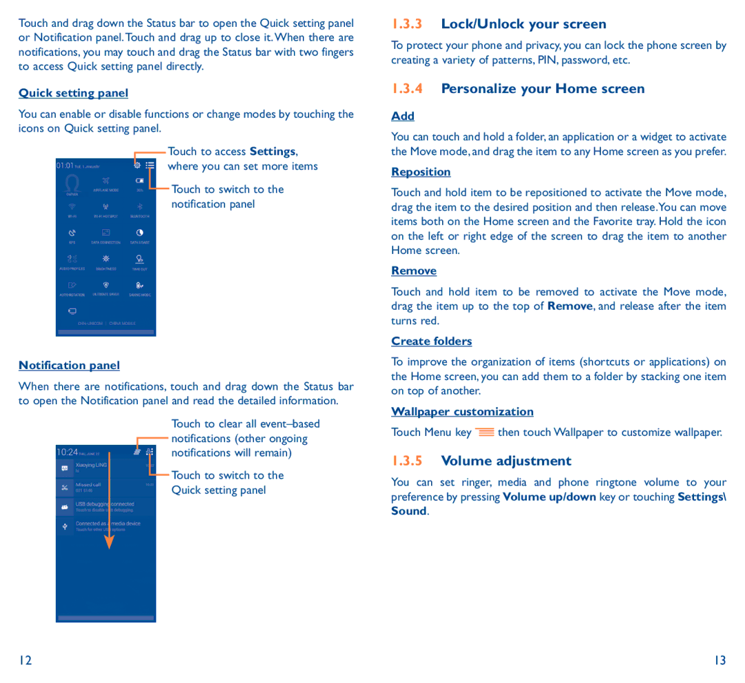 Alcatel Pop C9 manual Lock/Unlock your screen, Personalize your Home screen, Volume adjustment 