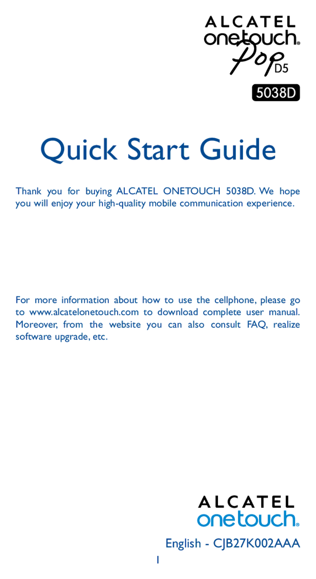 Alcatel 5038D, Pop D5 manual Quick Start Guide 