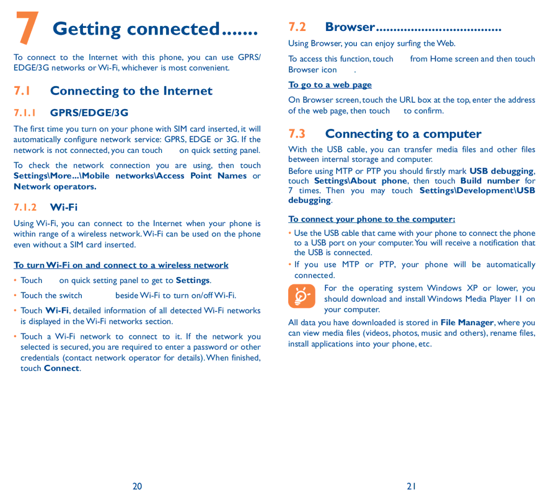 Alcatel 5038D, Pop D5 manual Connecting to the Internet, Browser, Connecting to a computer, GPRS/EDGE/3G, Wi-Fi 