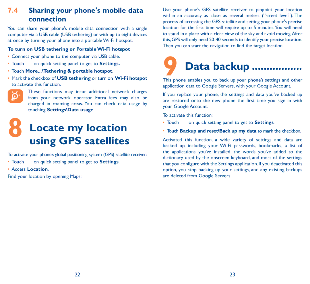 Alcatel Pop D5 Data backup, Sharing your phones mobile data Connection, To turn on USB tethering or Portable Wi-Fi hotspot 