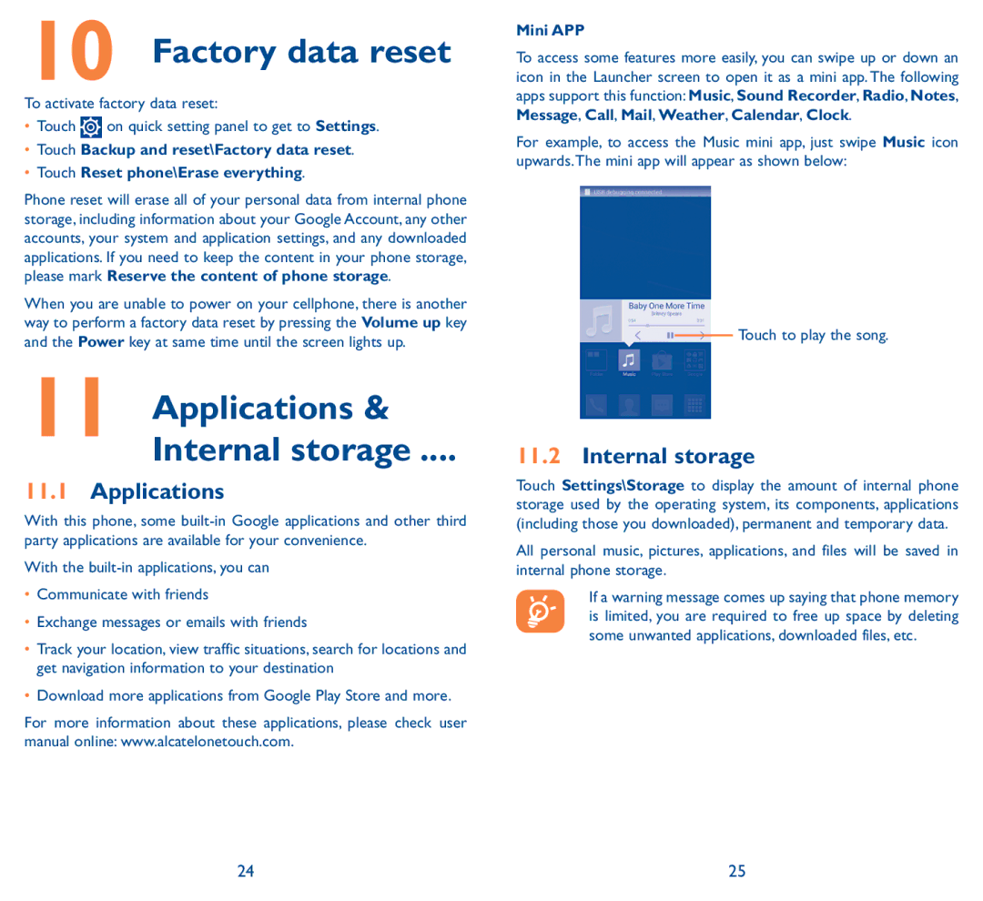 Alcatel 5038D, Pop D5 manual Factory data reset, Applications Internal storage, Mini APP 