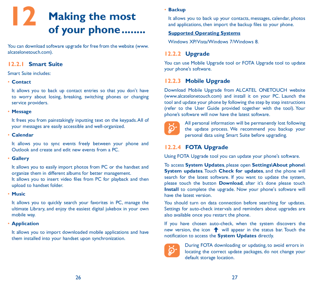 Alcatel Pop D5, 5038D manual Making the most Your phone, Smart Suite, Mobile Upgrade, Fota Upgrade 