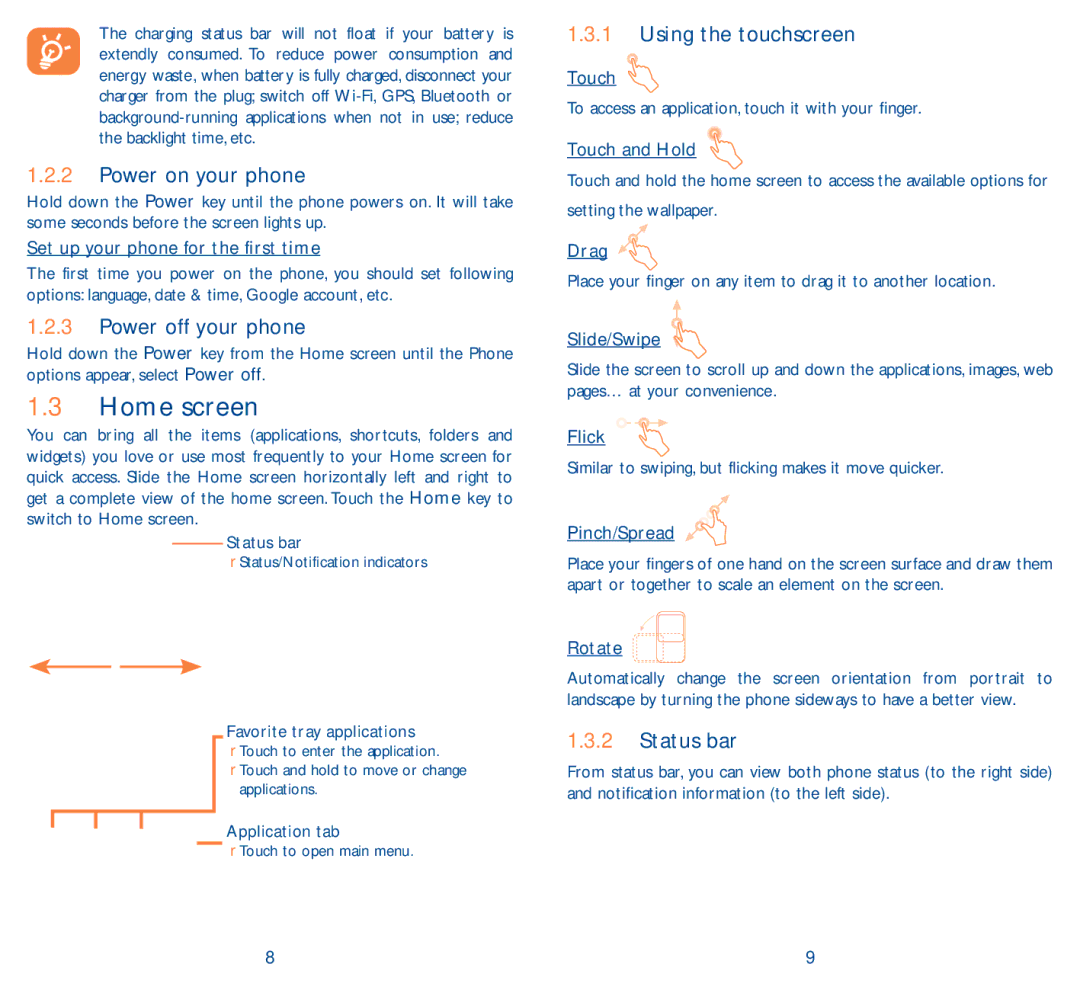 Alcatel 5038D, Pop D5 manual Home screen, Power on your phone, Power off your phone, Using the touchscreen, Status bar 