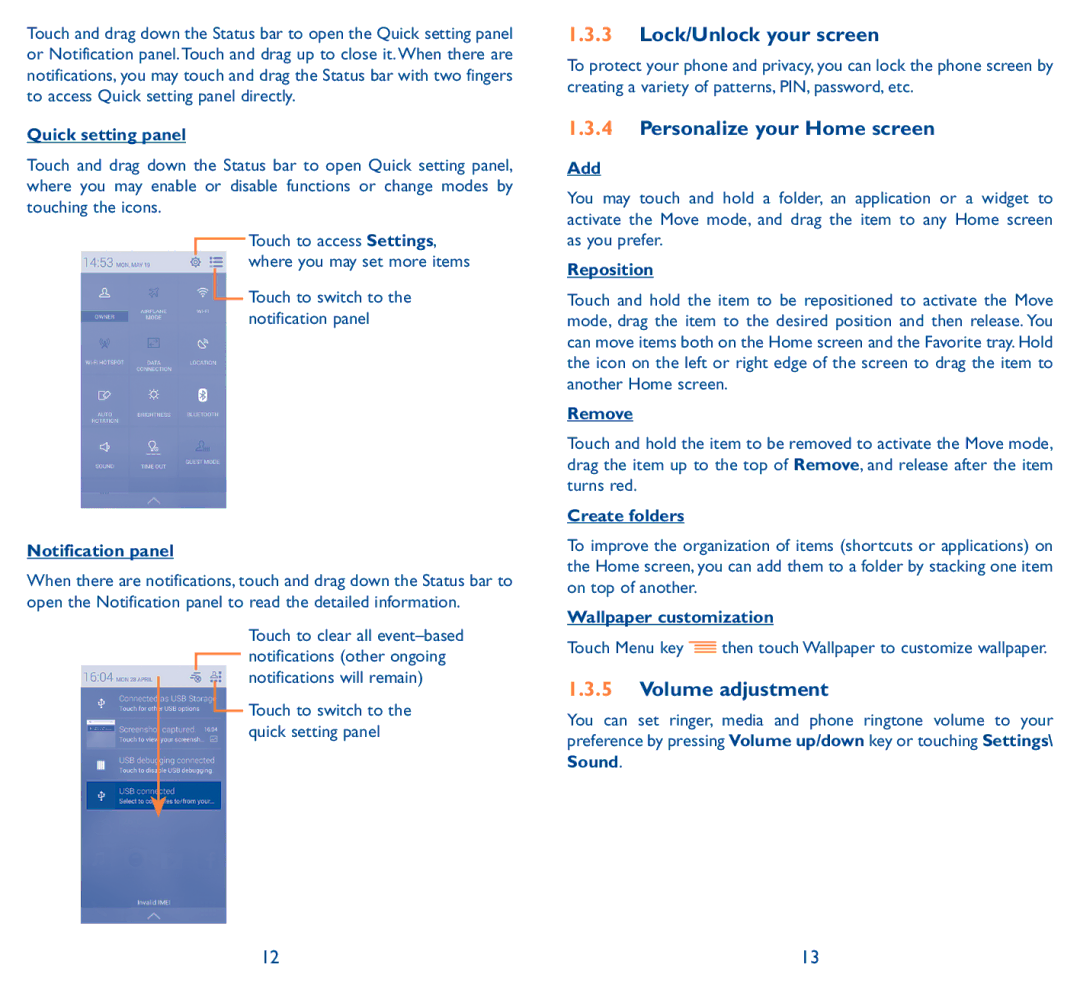 Alcatel 5038D, Pop D5 manual Lock/Unlock your screen, Personalize your Home screen, Volume adjustment 