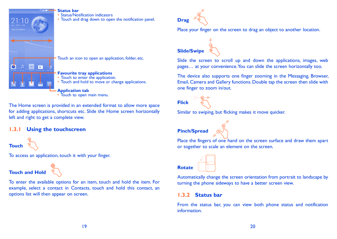 Alcatel POP S9 manual Using the touchscreen, Status bar 