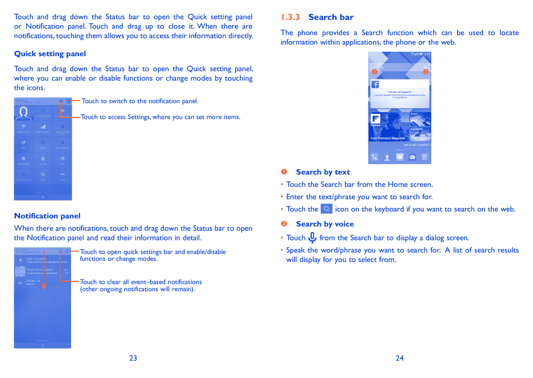 Alcatel POP S9 manual Search bar, Quick setting panel, Notification panel,  Search by text,  Search by voice 