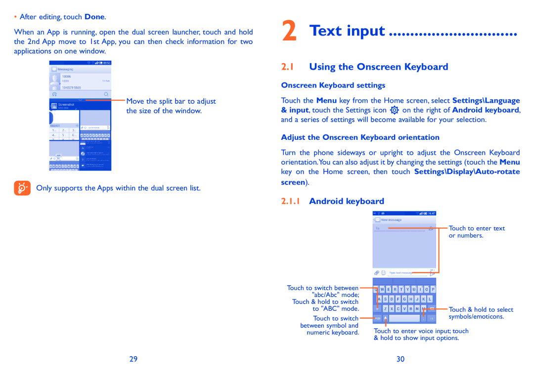 Alcatel POP S9 manual Text input, Using the Onscreen Keyboard, Android keyboard 