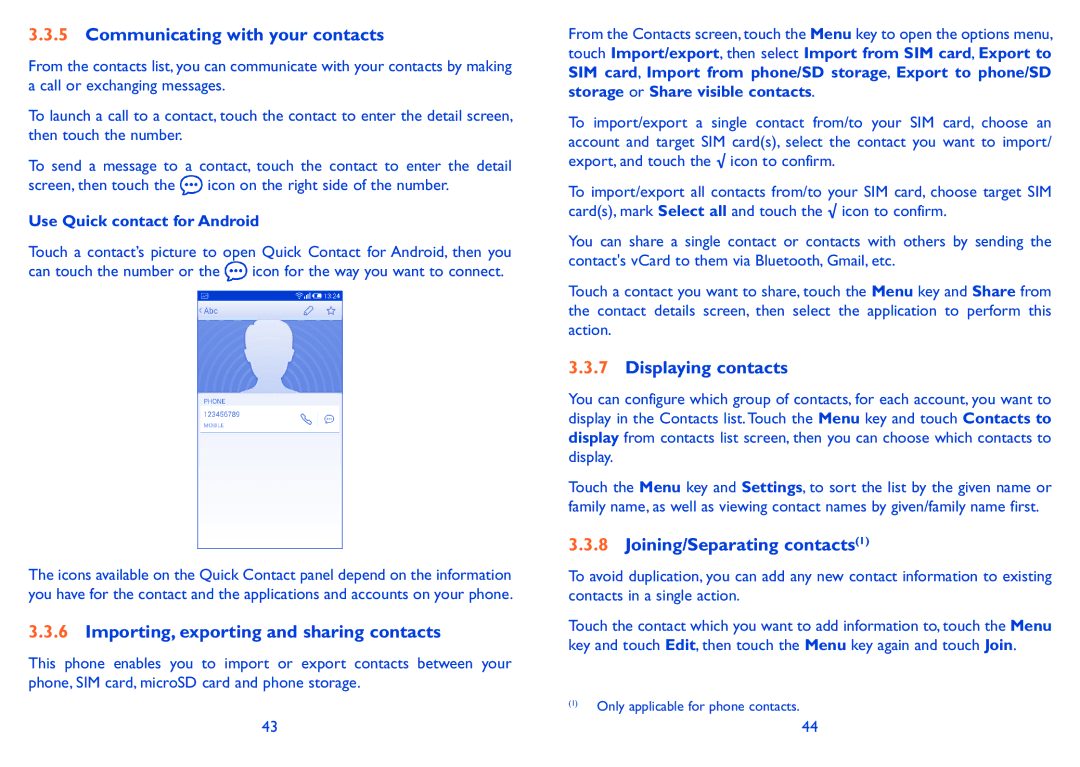 Alcatel POP S9 manual Communicating with your contacts, Importing, exporting and sharing contacts, Displaying contacts 