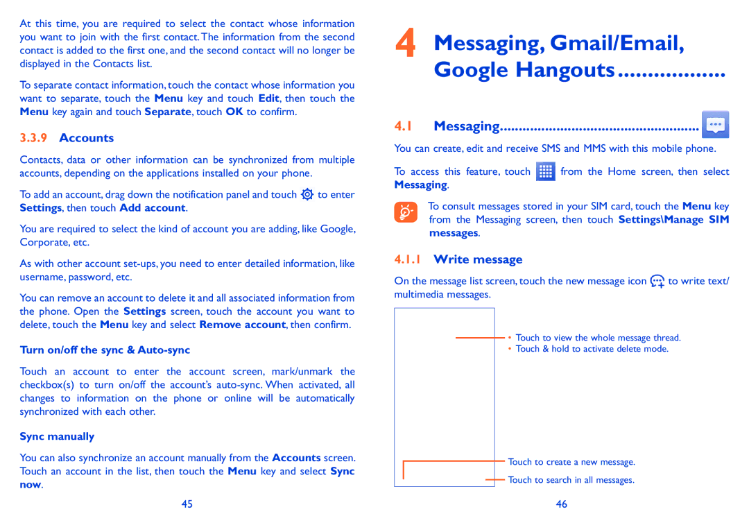 Alcatel POP S9 manual Messaging, Gmail/Email Google Hangouts, Accounts, Write message 