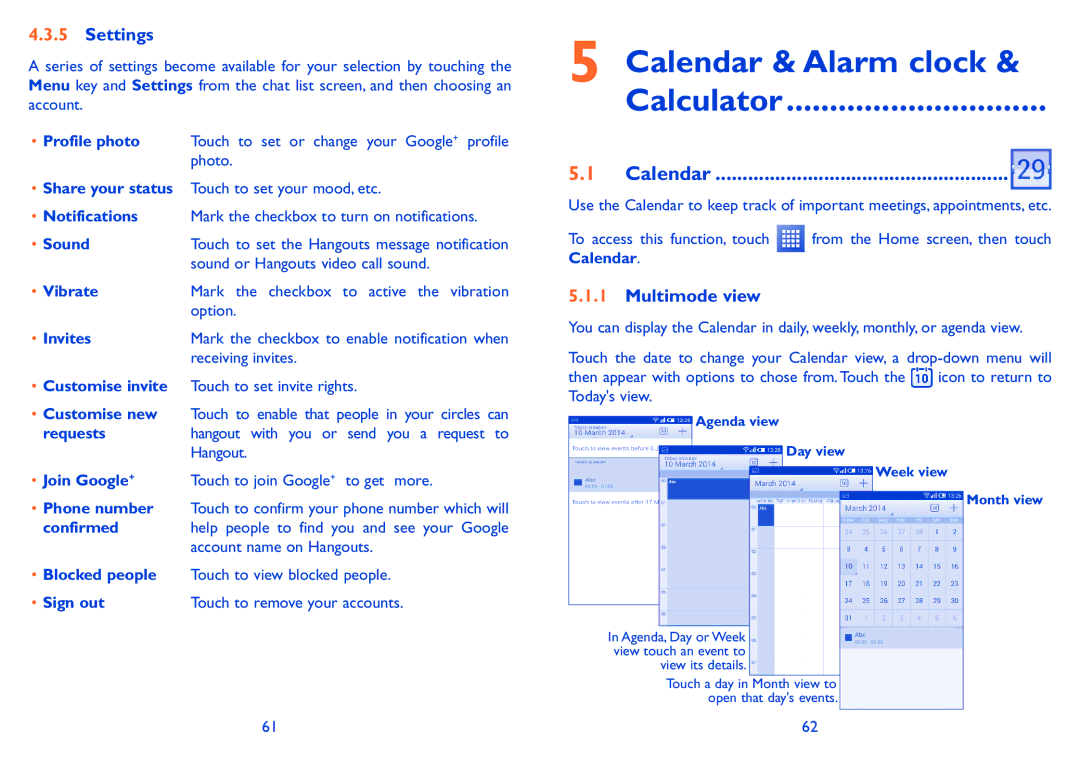 Alcatel POP S9 manual Calendar & Alarm clock Calculator, Settings, Multimode view 