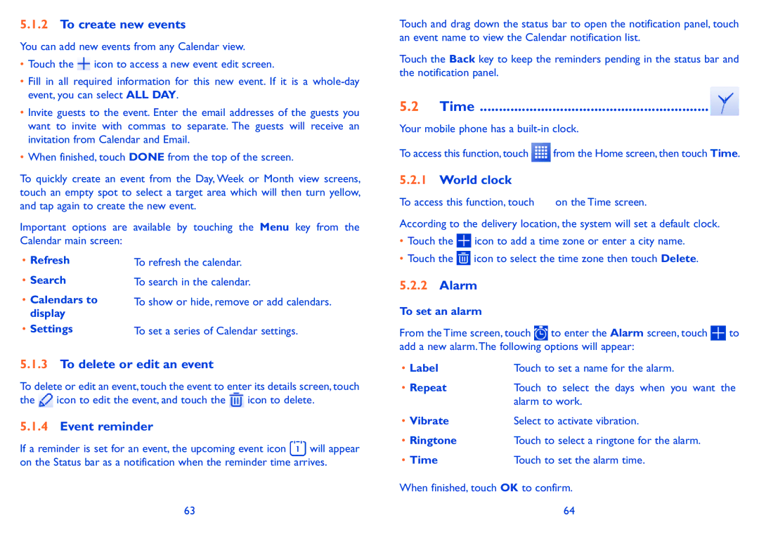 Alcatel POP S9 manual Time, To create new events, To delete or edit an event, Event reminder, World clock 