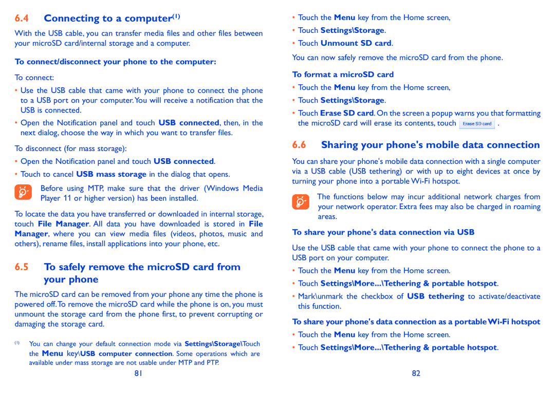 Alcatel POP S9 manual Connecting to a computer1, To safely remove the microSD card from your phone 