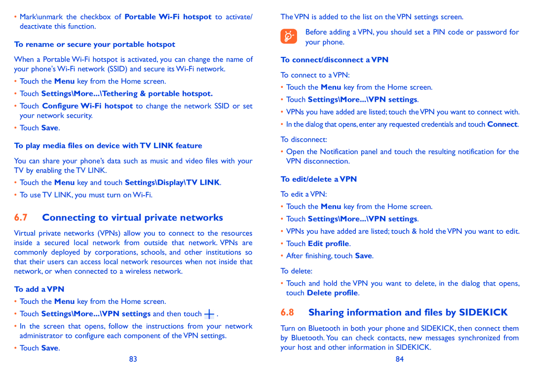 Alcatel POP S9 manual Connecting to virtual private networks, Sharing information and files by Sidekick 