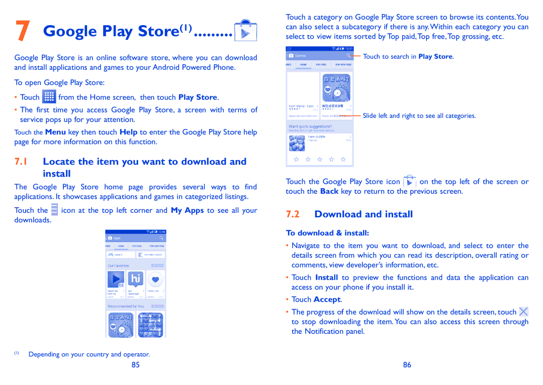 Alcatel POP S9 manual Google Play Store1, Locate the item you want to download and install, Download and install 