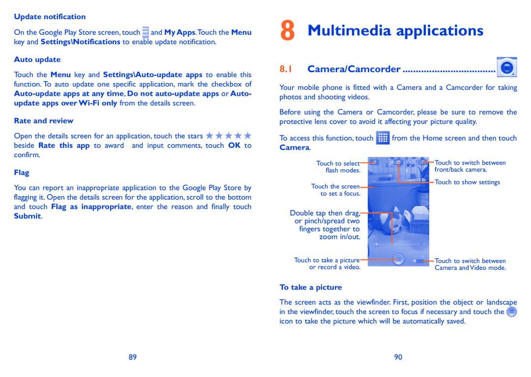 Alcatel POP S9 manual Multimedia applications, Camera/Camcorder 