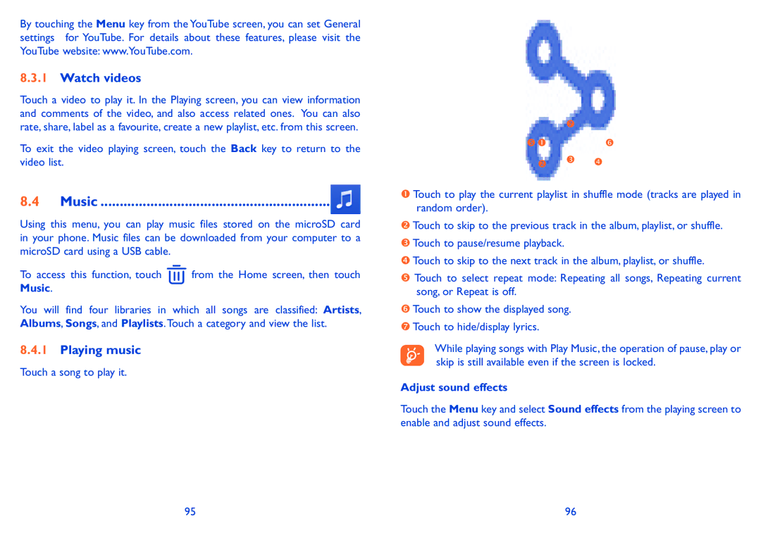 Alcatel POP S9 manual Music, Watch videos, Playing music, Adjust sound effects 