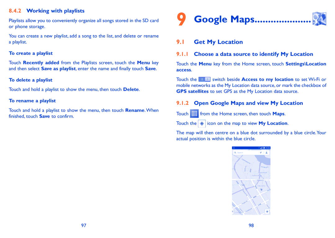 Alcatel POP S9 manual Google Maps, Get My Location, Working with playlists, Choose a data source to identify My Location 