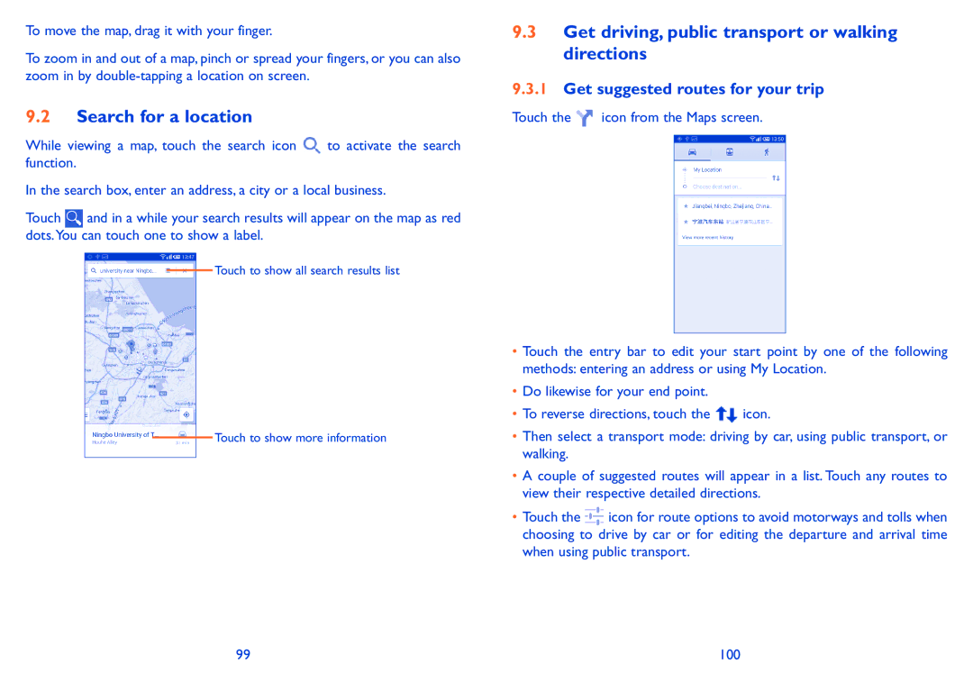 Alcatel POP S9 manual Search for a location, Get driving, public transport or walking directions 