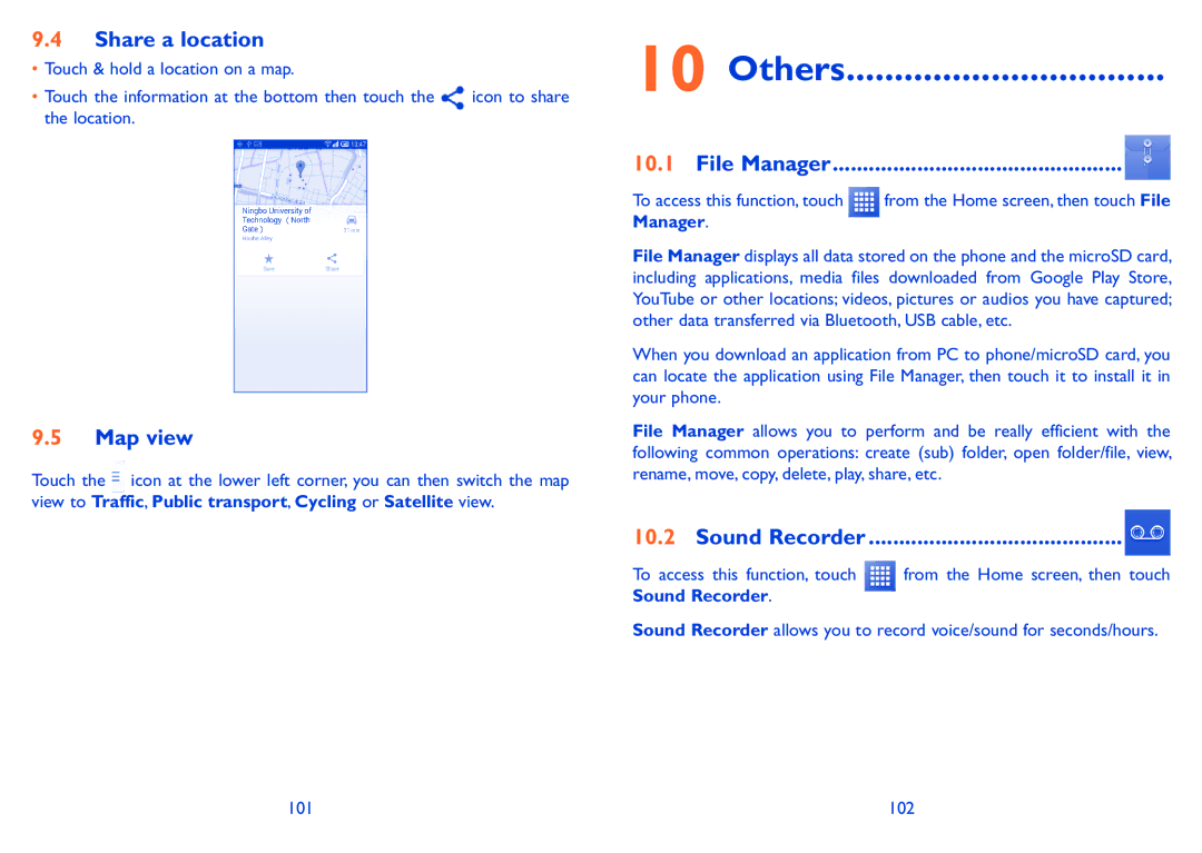 Alcatel POP S9 manual Others, Share a location, Map view, File Manager, Sound Recorder 