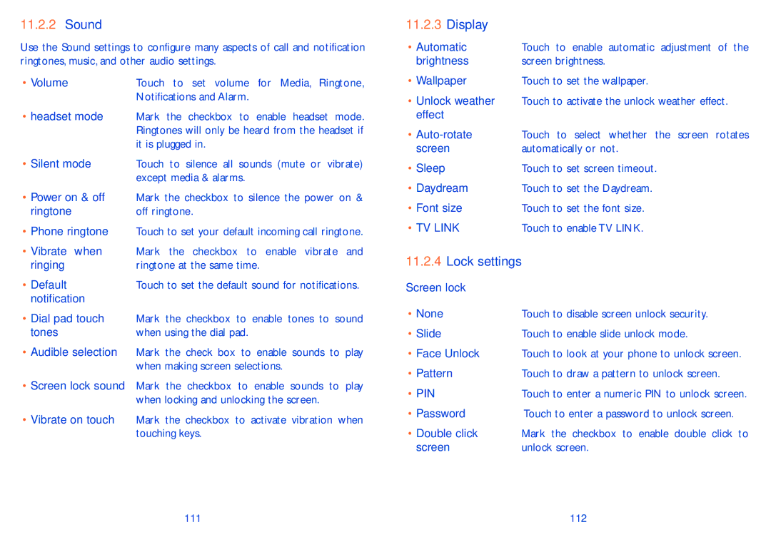 Alcatel POP S9 manual Sound, Display, Lock settings 