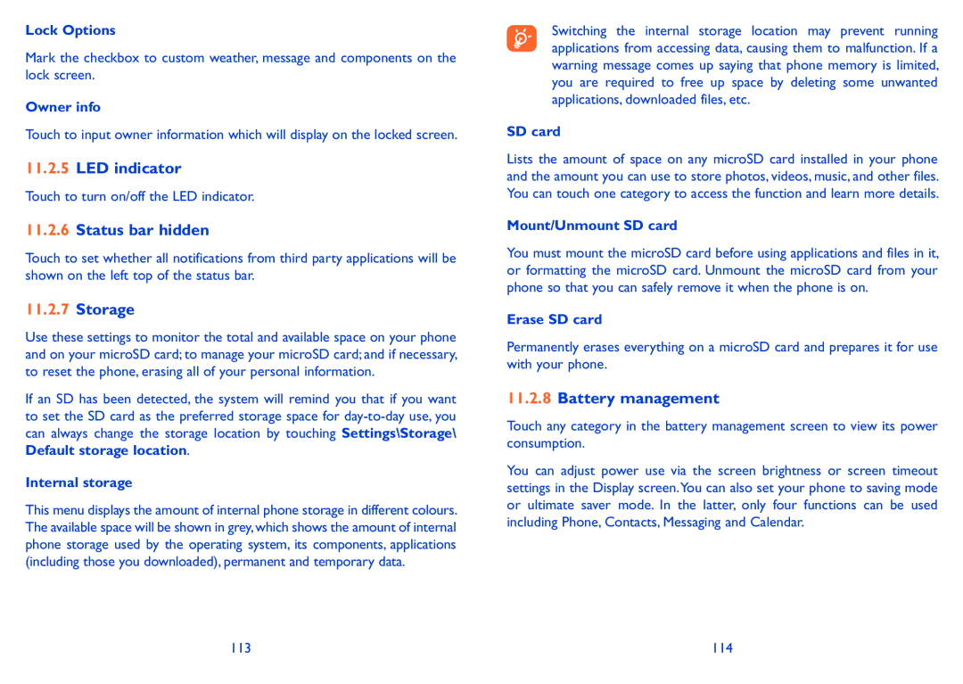 Alcatel POP S9 manual LED indicator, Status bar hidden, Storage, Battery management 
