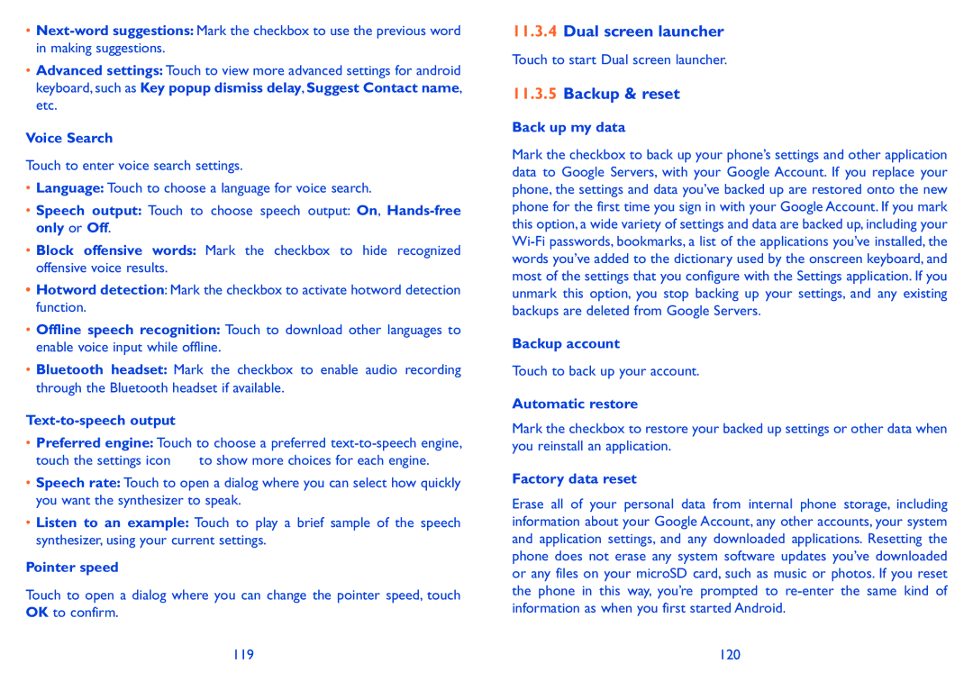 Alcatel POP S9 manual Dual screen launcher, Backup & reset 