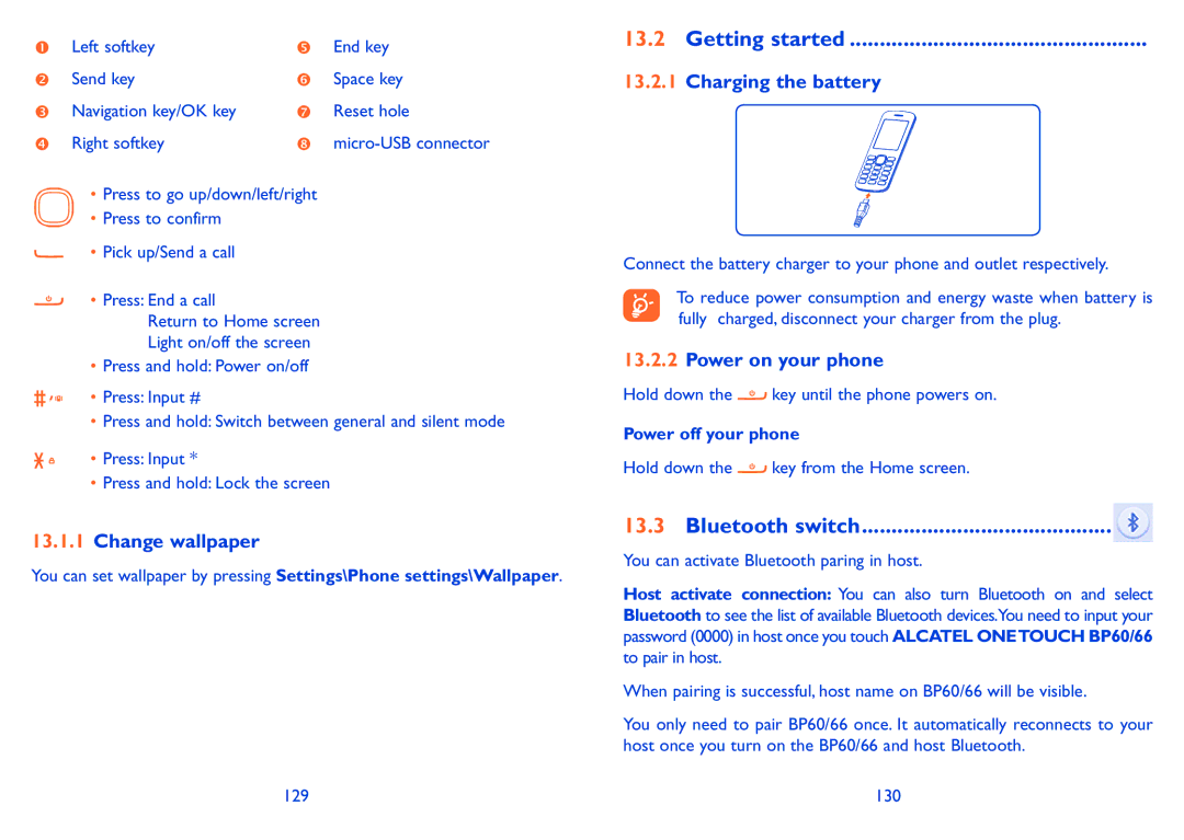 Alcatel POP S9 manual Bluetooth switch, Change wallpaper, Charging the battery, Power off your phone 