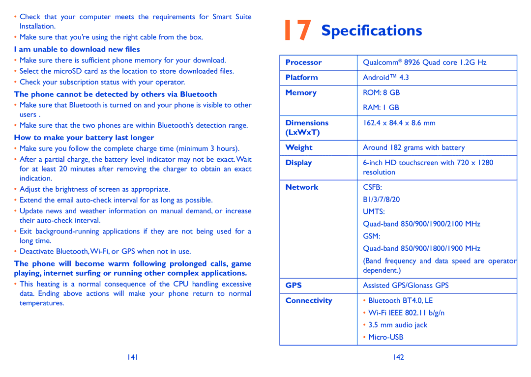 Alcatel POP S9 manual Specifications 