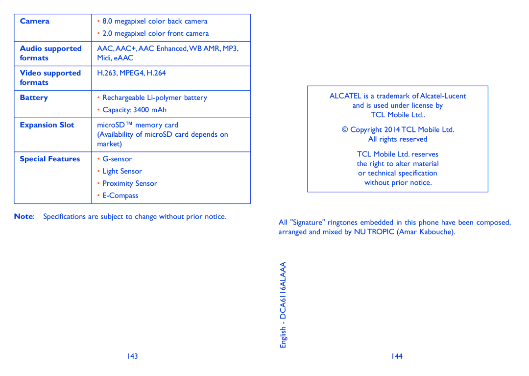 Alcatel POP S9 manual Camera, Audio supported, Video supported, Formats Battery, Expansion Slot, Special Features 