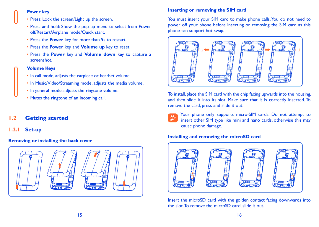 Alcatel POP S9 manual Getting started, Set-up, Power key, Volume Keys, Installing and removing the microSD card 