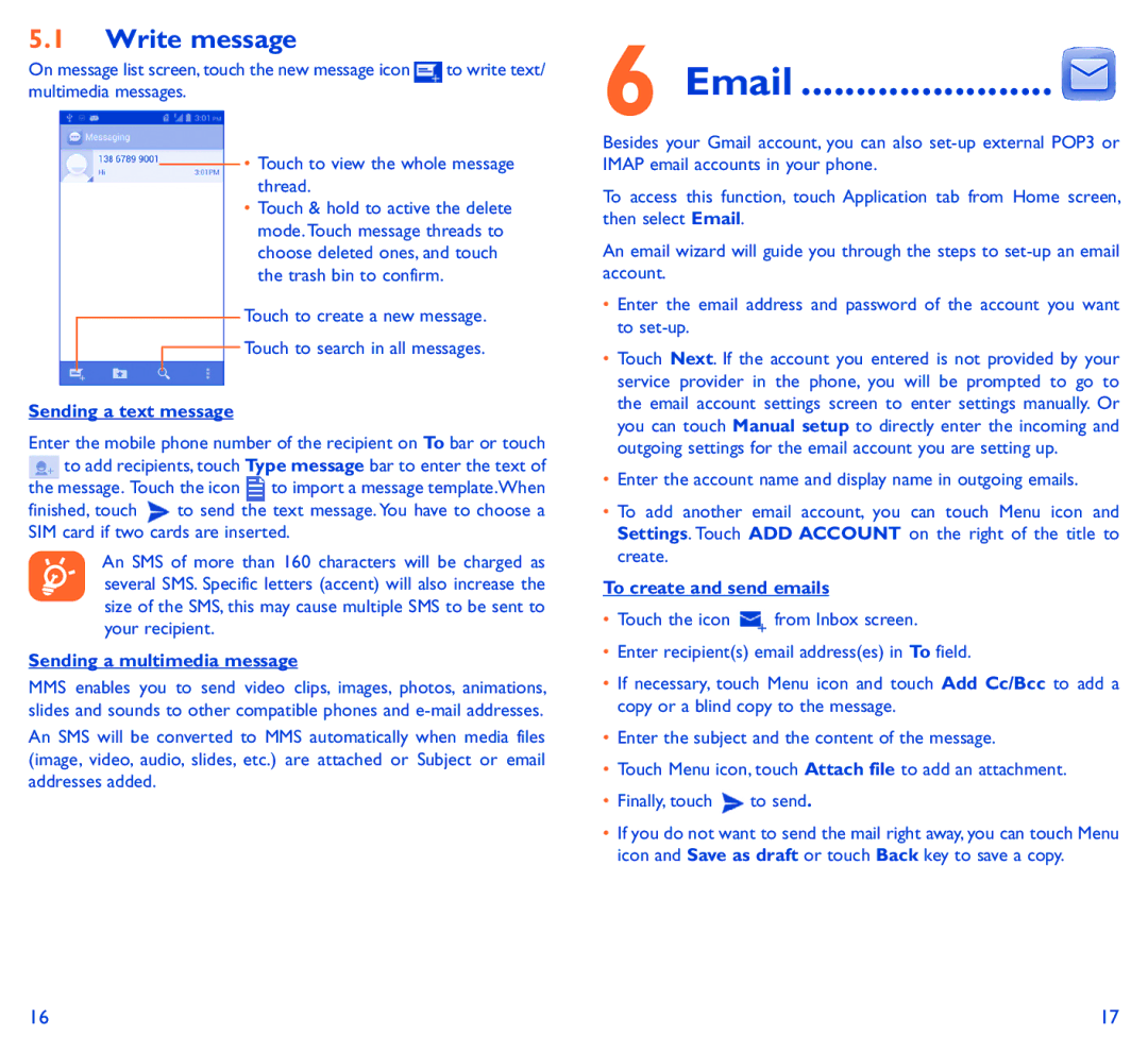 Alcatel SCRIBE EASY manual Write message, Sending a text message, Sending a multimedia message, To create and send emails 