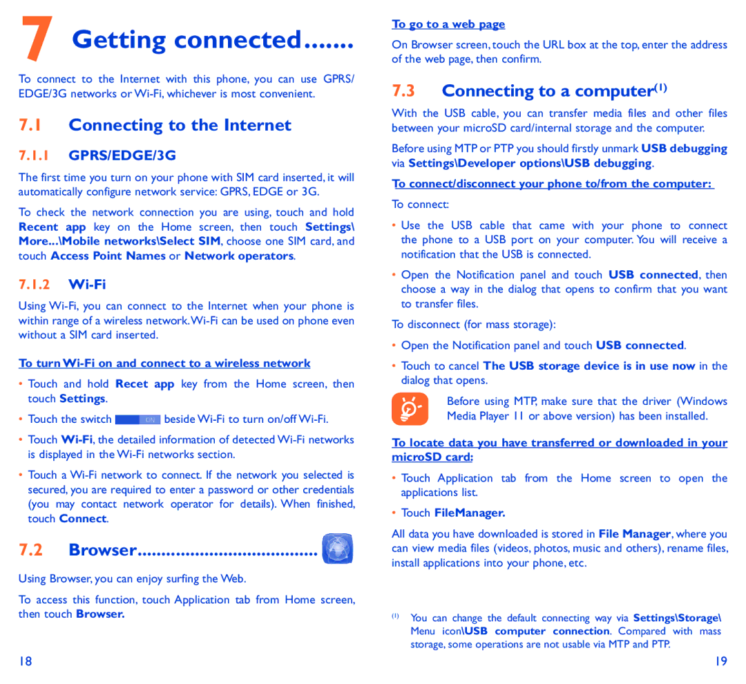 Alcatel SCRIBE EASY manual Connecting to the Internet, Connecting to a computer1, GPRS/EDGE/3G, Wi-Fi 