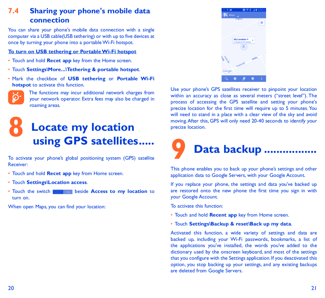 Alcatel SCRIBE EASY manual Sharing your phones mobile data Connection, Data backup, Touch Settings\Location access 