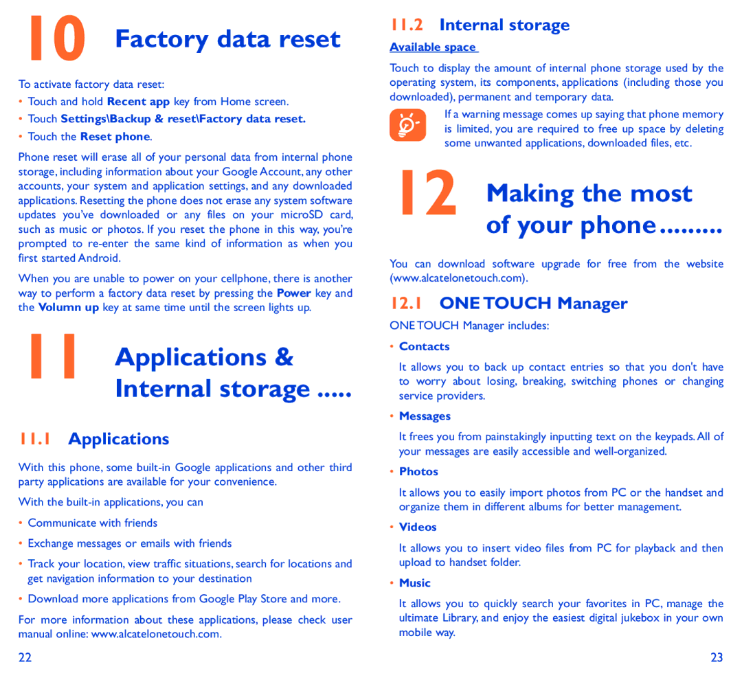 Alcatel SCRIBE EASY manual Applications, Internal storage, ONE Touch Manager 