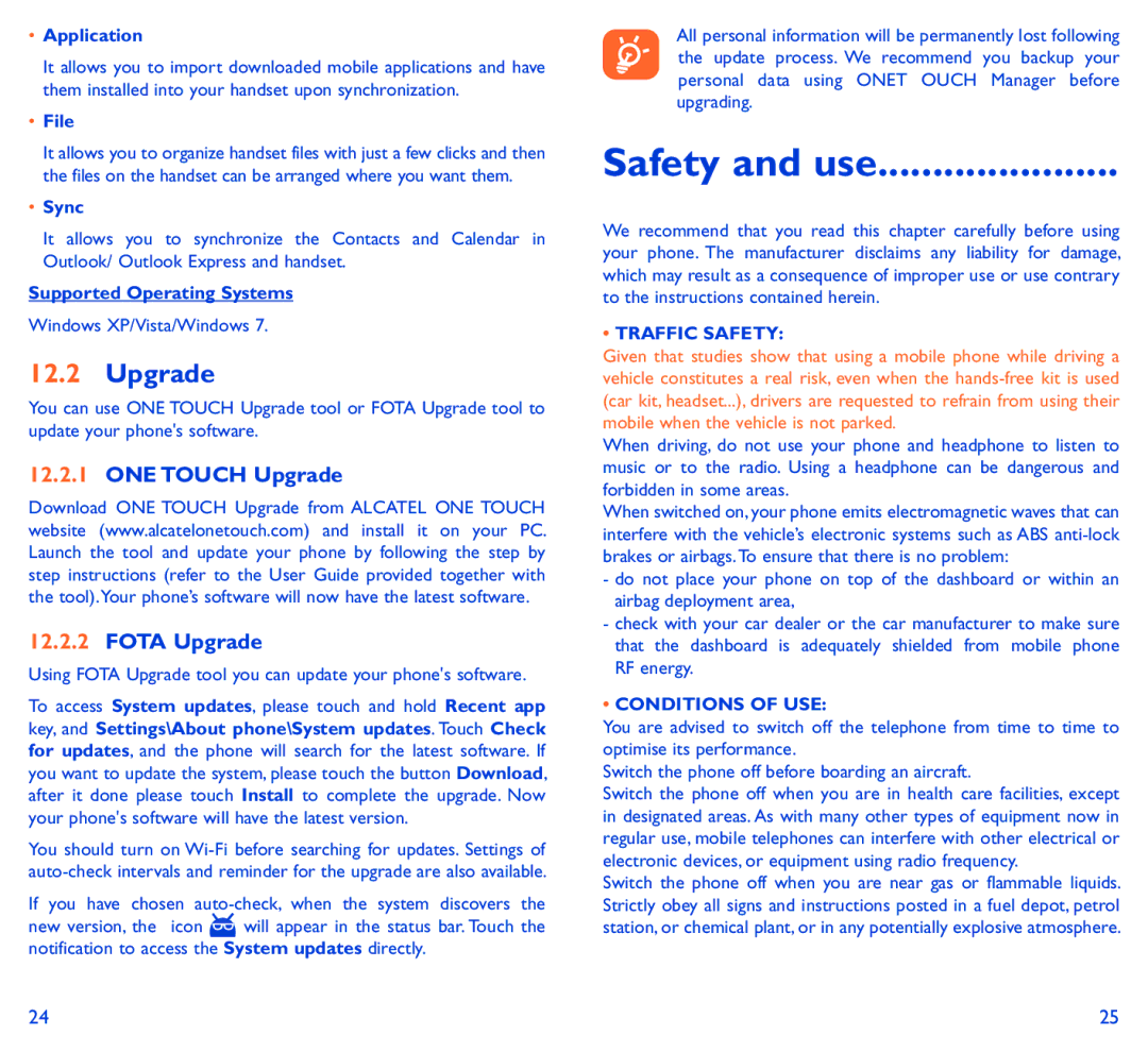Alcatel SCRIBE EASY manual ONE Touch Upgrade Fota Upgrade, Traffic Safety, Conditions of USE 