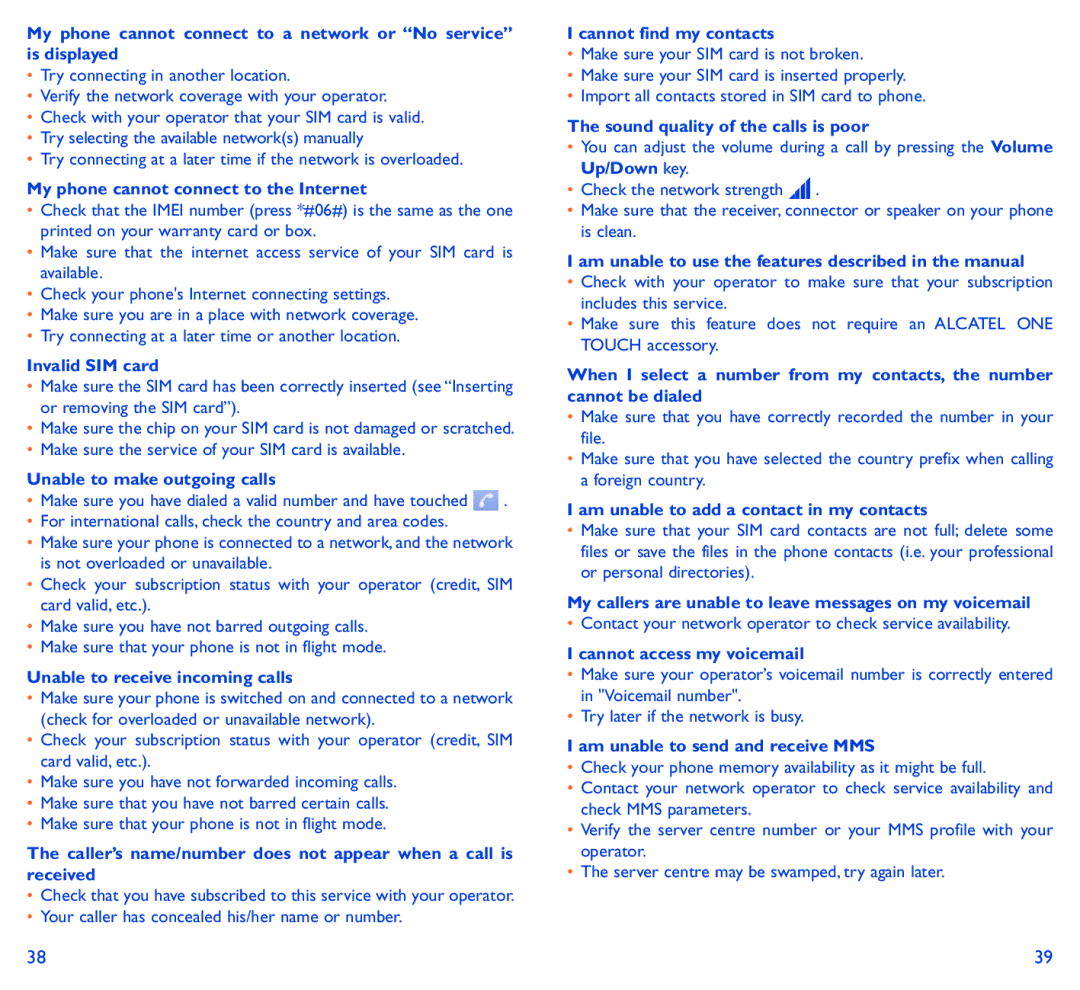 Alcatel SCRIBE EASY manual My phone cannot connect to the Internet, Invalid SIM card, Unable to make outgoing calls 