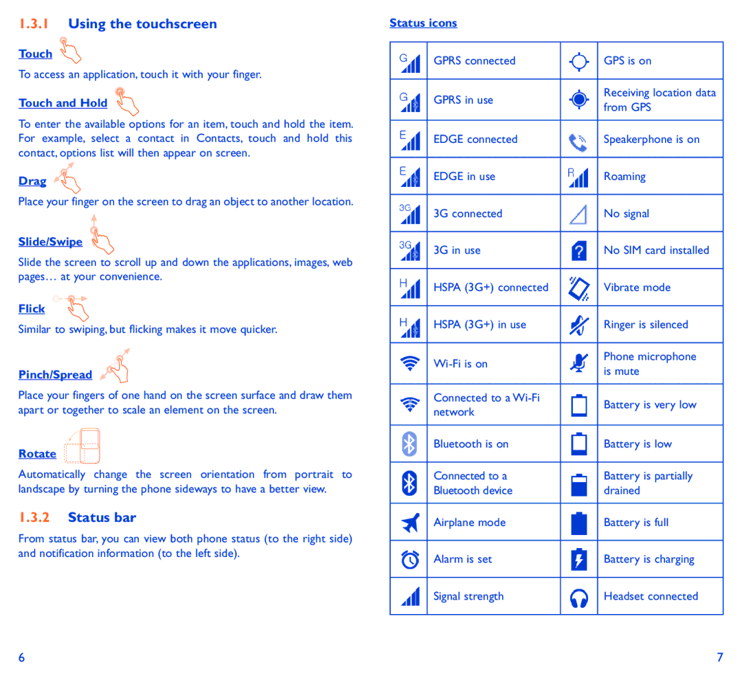 Alcatel SCRIBE EASY manual Using the touchscreen, Status bar 