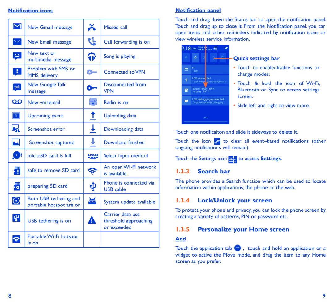 Alcatel SCRIBE EASY manual Search bar, Lock/Unlock your screen, Personalize your Home screen 